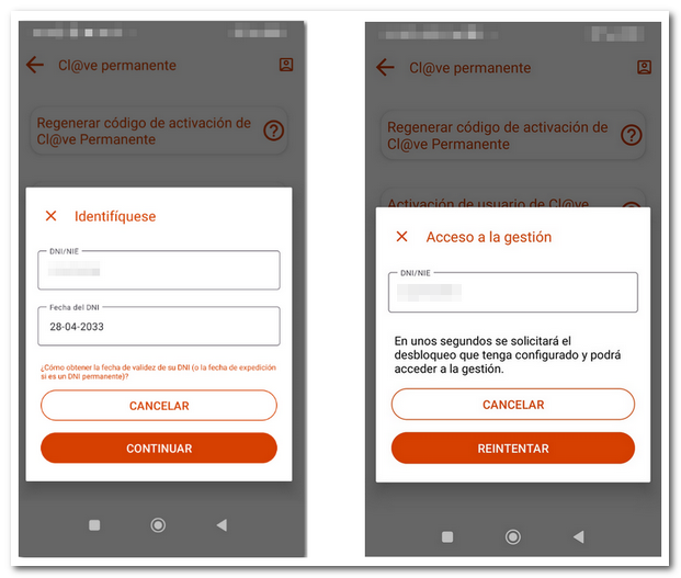 Identificación en la app para realizar gestiones
