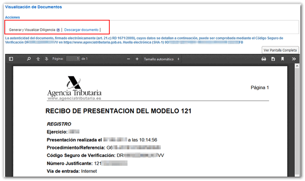 Obtención del PDF recibo de la presentación