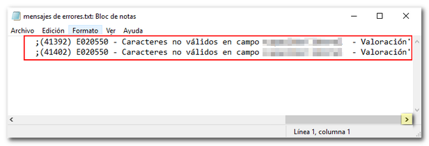 Fichero .txt con el listado de errores