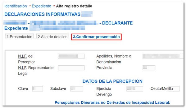 Confirmació presentació alta registre de detall