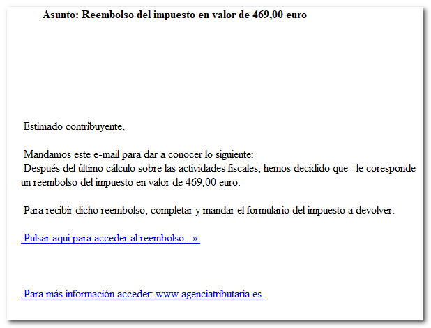 Correu fals: Reemborsament de l'impost en valor de 469,00 euro