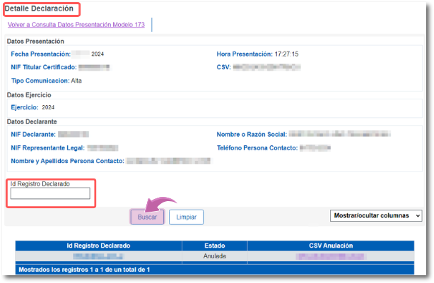 Detalle de la declaración
